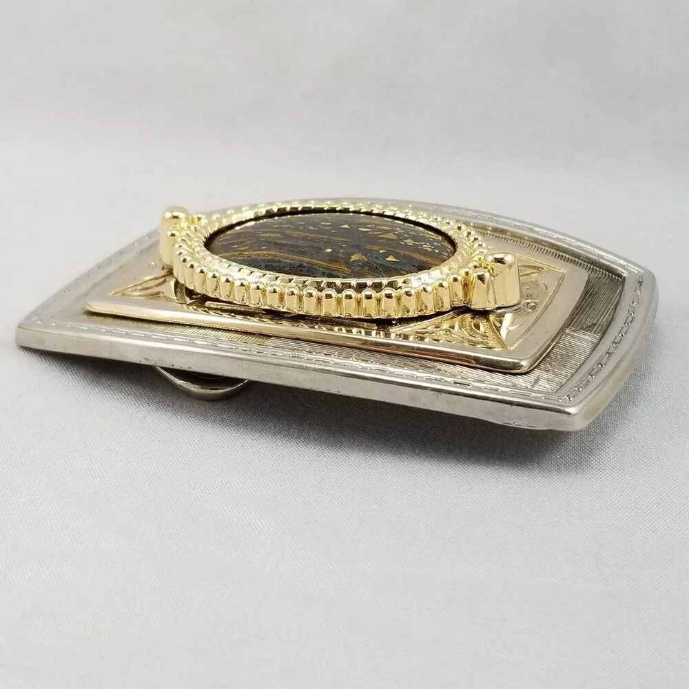 Belt Buckle Women's Unisex Onyx Ornate Western Filigree Gold And Silver Color‎